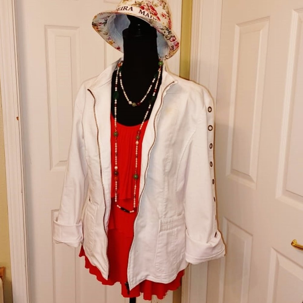 OSO Casuals White DENIM Spring Bomber Jacket w/ Metal Rings XL Orig $120+Tax NWD